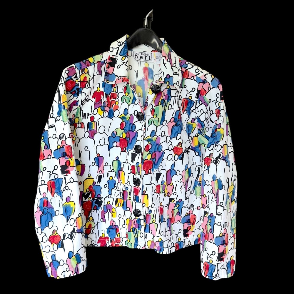 90's Keren Hart Abstract People Crowd Print Cotton Button Up Jacket Multi M
